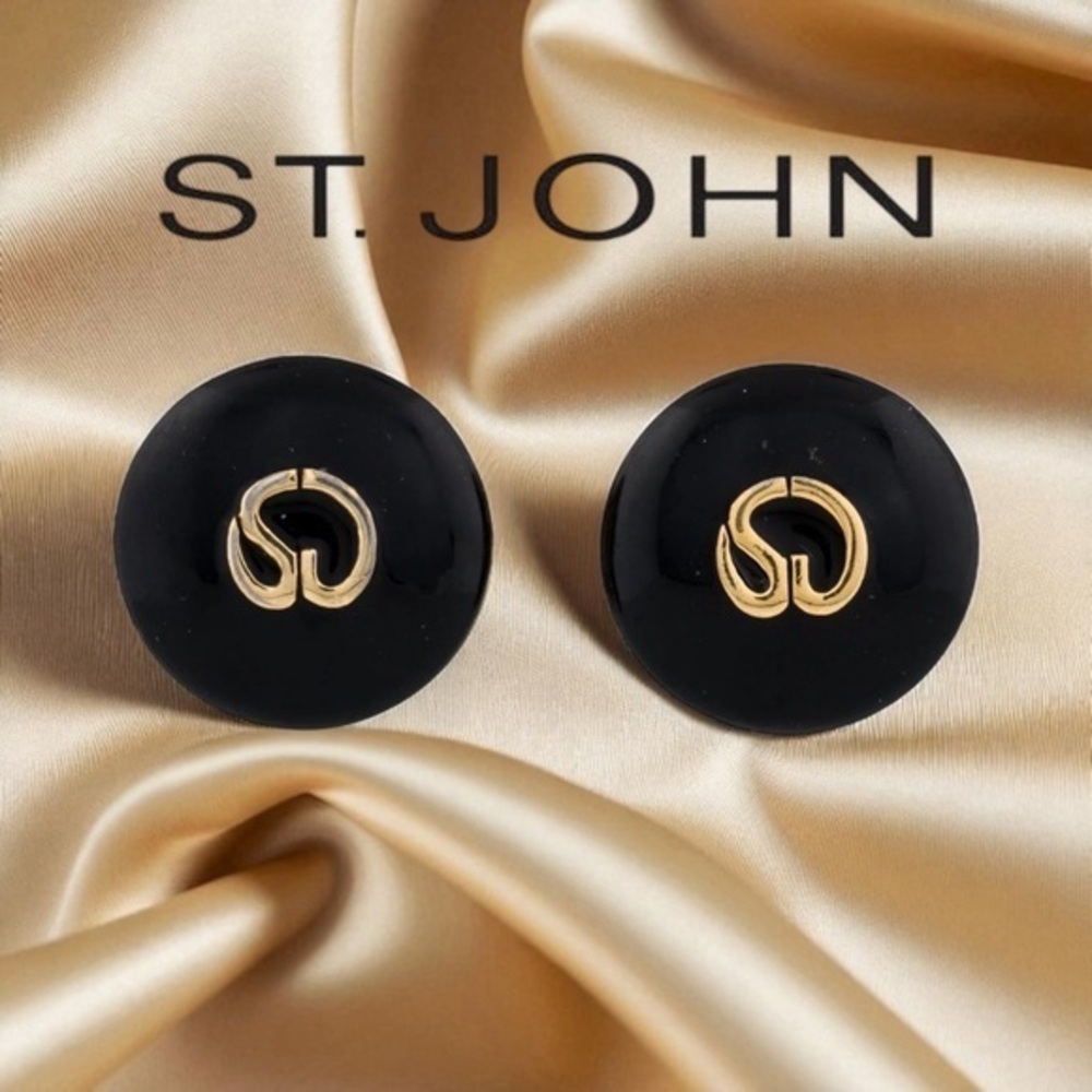 Vintage St. John Gold Plated Black Round Clip-On Designer Monogram Earrings
